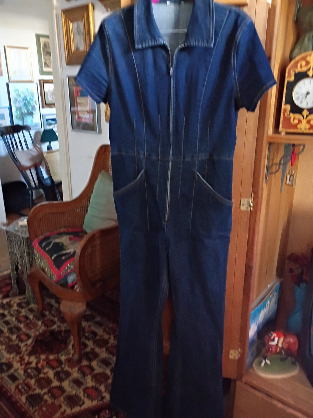 H&M Dark Blue Denim Short-Sleeve Jumpsuit with Front Zip